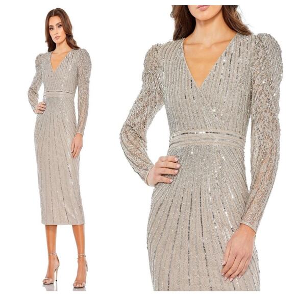 Mac Duggal 93676 Silver Beaded Lace Long Sleeve Midi Dress size 10 New with Tags - Picture 1 of 8